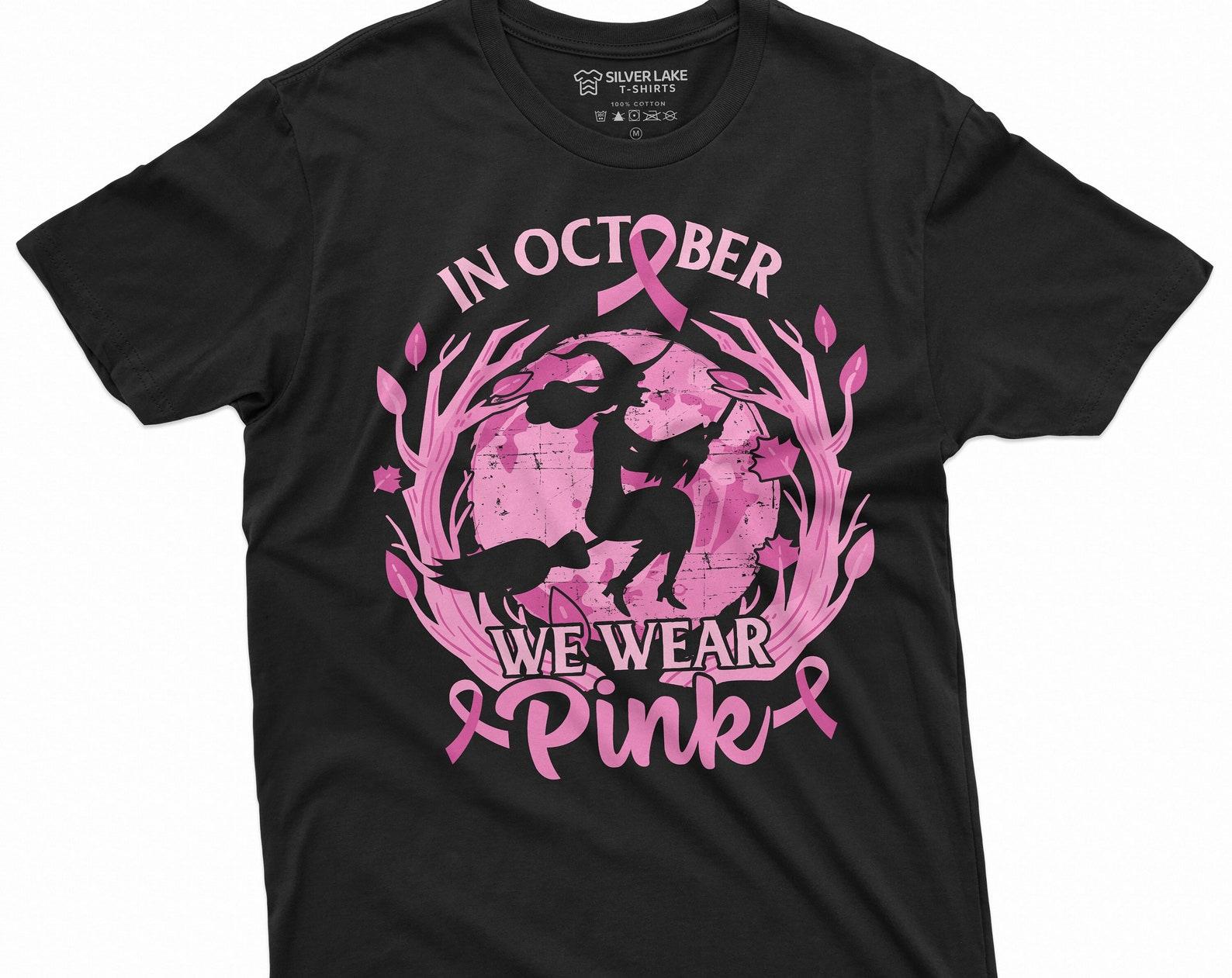 in October we wear pink cancer awareness month T-shirt Halloween witch wearing Pink awareness tee S