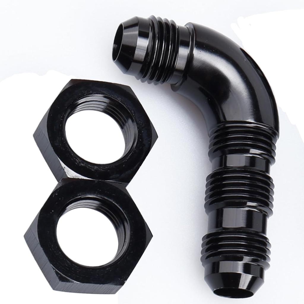 90 Degree -6 AN One Piece Full Flow Male Flare Bulkhead Fuel Fitting with AN6 Bulkhead Nut Aluminum Black