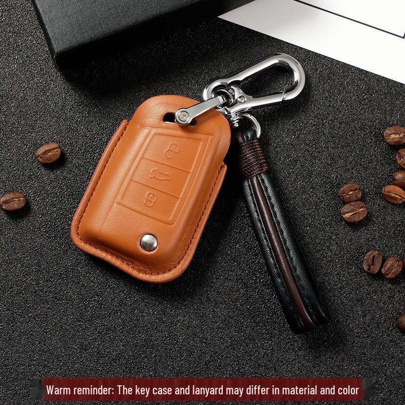 Genuine Leather Key Case for Volkswagen Sagitar, Lavida, Tiguan L, Lamando, Bora - 3D Full Wrap & One-Button Start.