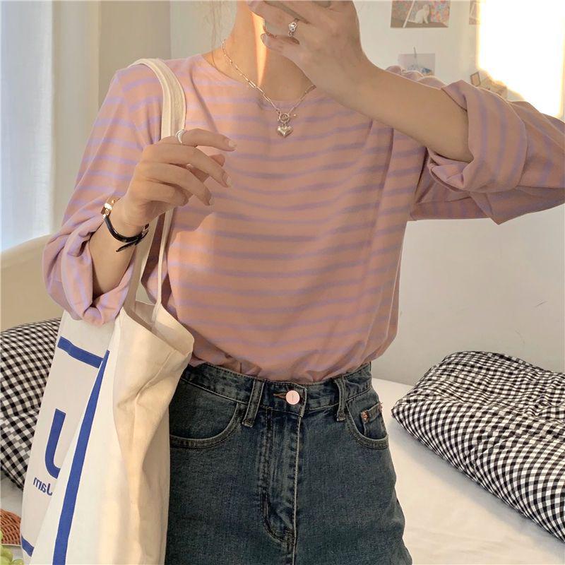 Damen Gestreiftes Langarm-T-Shirt - Herbststil 2025, Rundhalsausschnitt, Lockere Passform, Koreanisch inspiriert, Vielseitiges Basic-Oberteil.