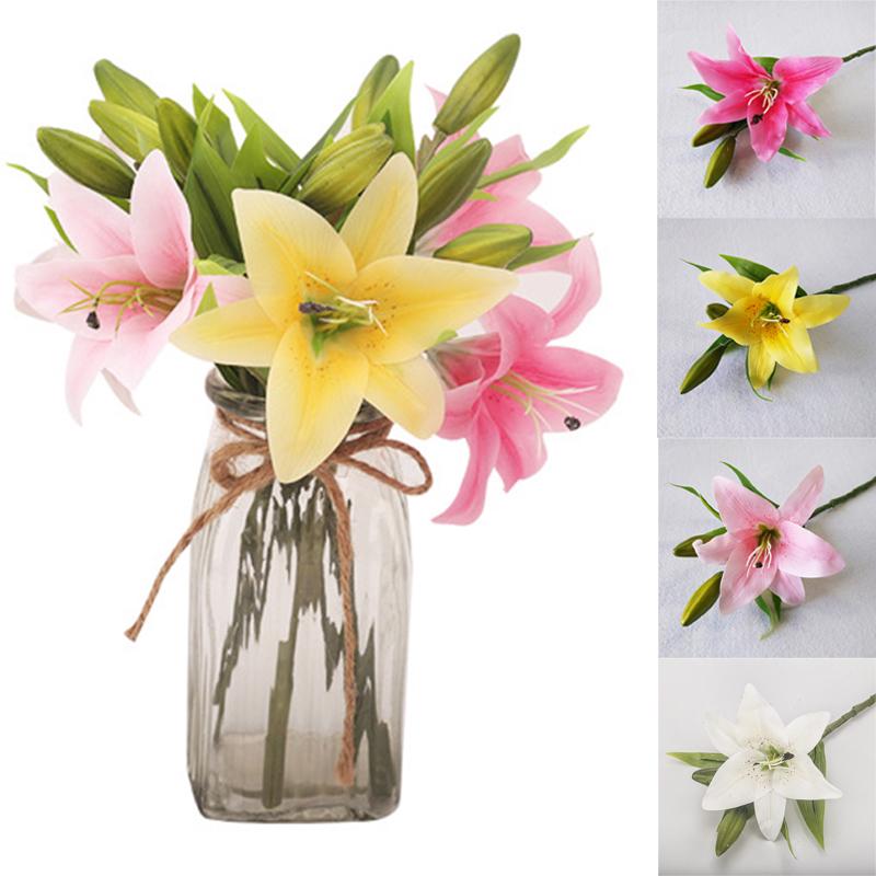 3Heads Real Touch Artificial Lily Flowers Wedding Bridal Silk Fake Bouquet Decor