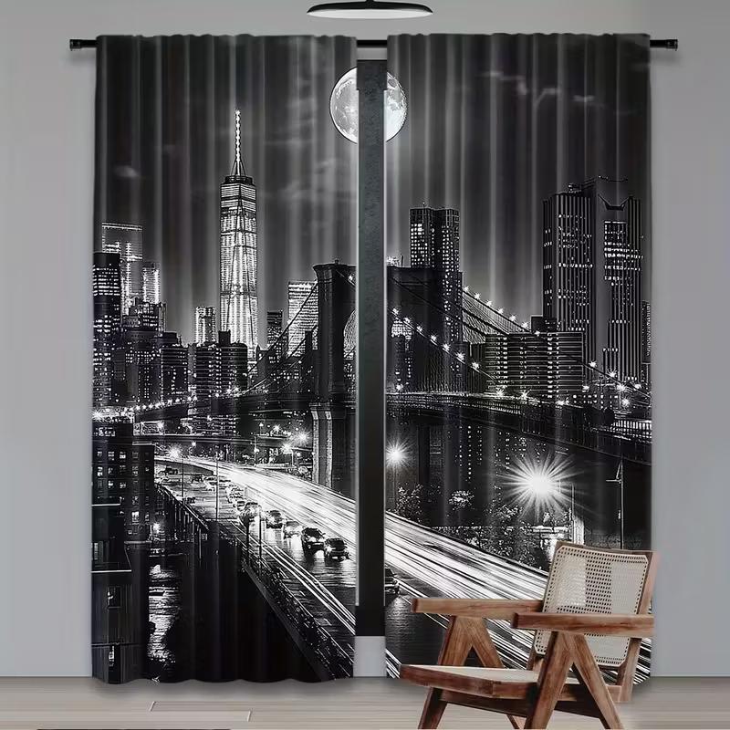 2pcs Stylish Black White Cityscape & Moon Pattern Curtains, Designed for Light Blocking, Premium Material, Suitable for Living R