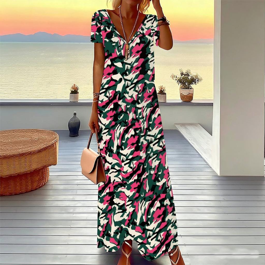 Women Plus Size V Neck Short Sleeve Maxi Dress Army Camouflage Pattern Loose Casual Summer Vacation Long Dress
