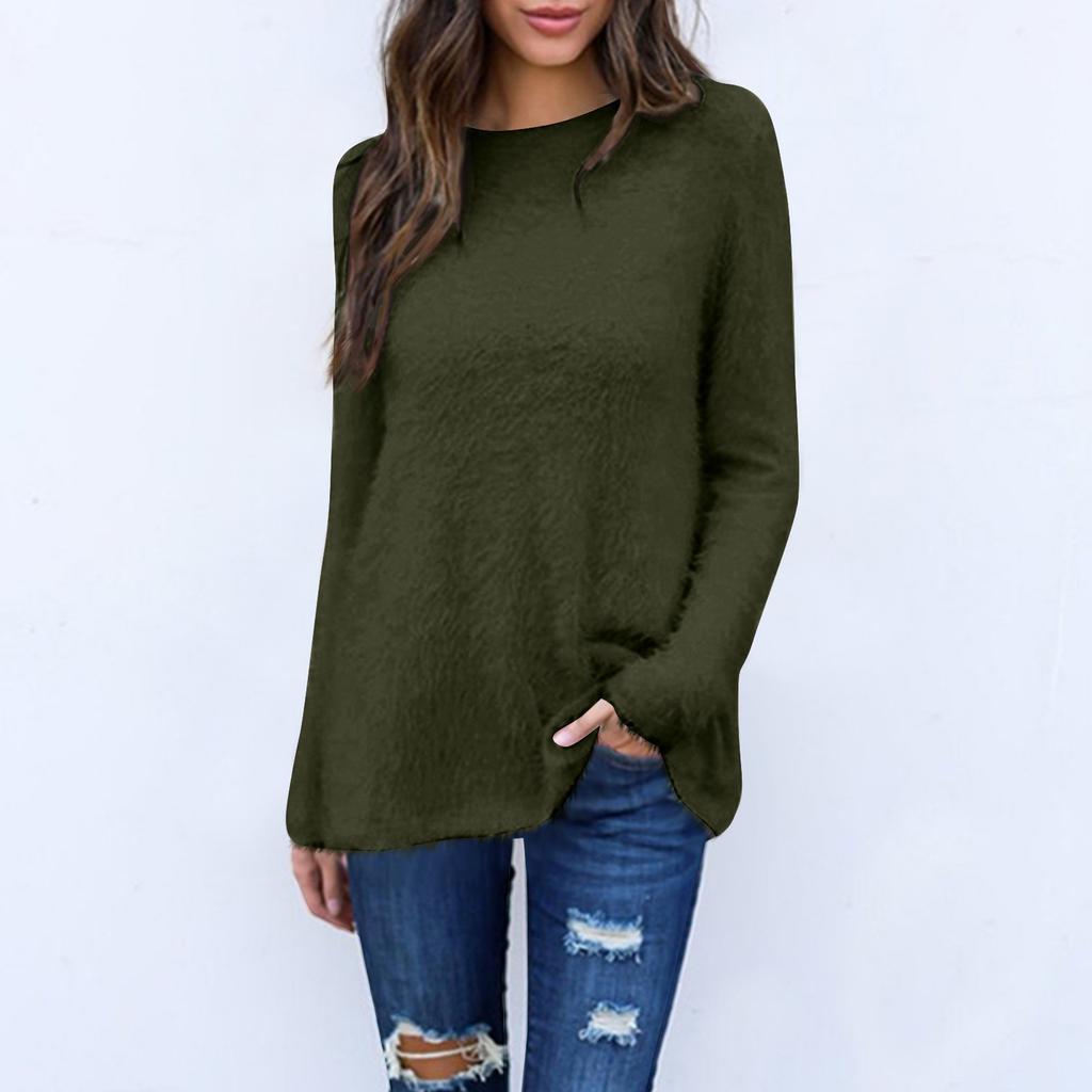 Women's Fashion Casual Long Sleeve Sweater Loose Round Neck Front Short Back Long Top