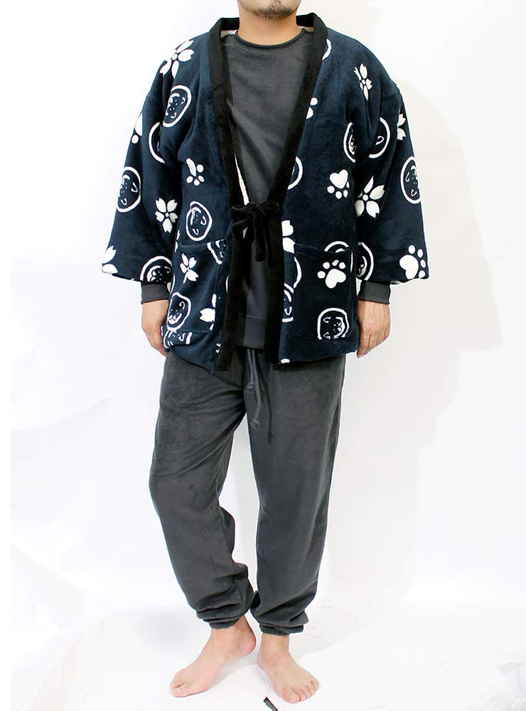 Wankodo Men's Warm Hanten Jacket, Large Size, Boa Fabric, Arabesque Print, Shiba Inu, Kyoto-Originated Mascot, Wankodo Chanchanko, Size LL, Navy