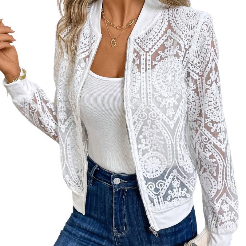 Women S Elegant Solid Lace Long Sleeve Zip Up Mid Length Coat