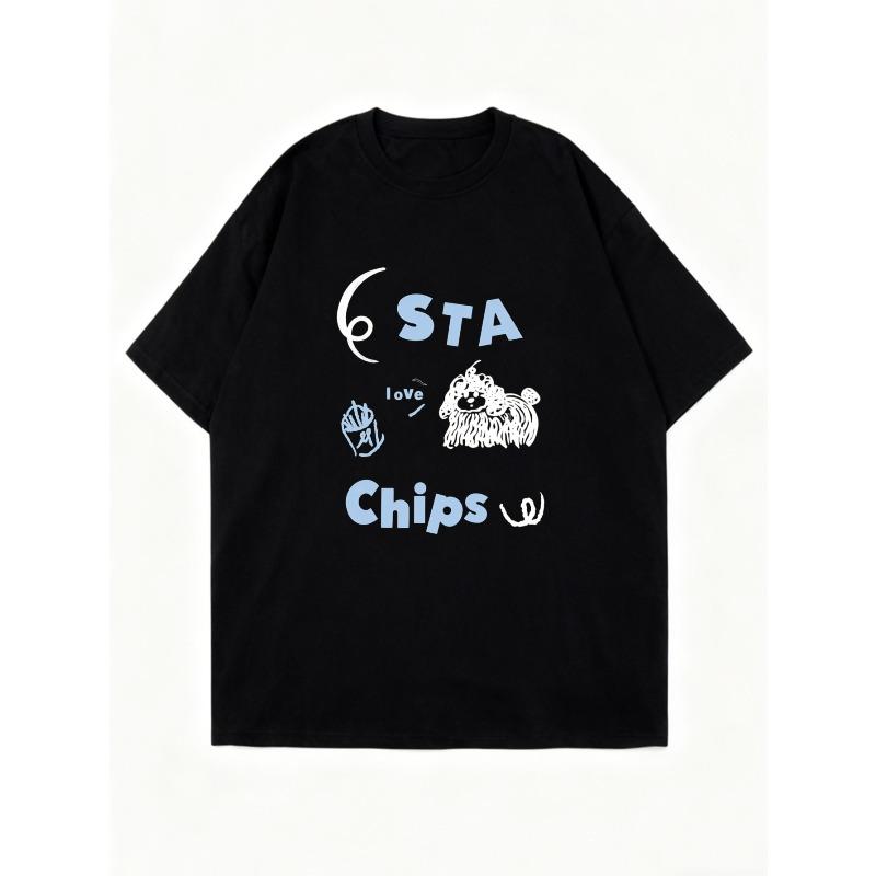 Oversized T Shirt Black Sta Love Chips With Dog And Crown Graphic Print Casual Streetwear For Women Summer Outfit