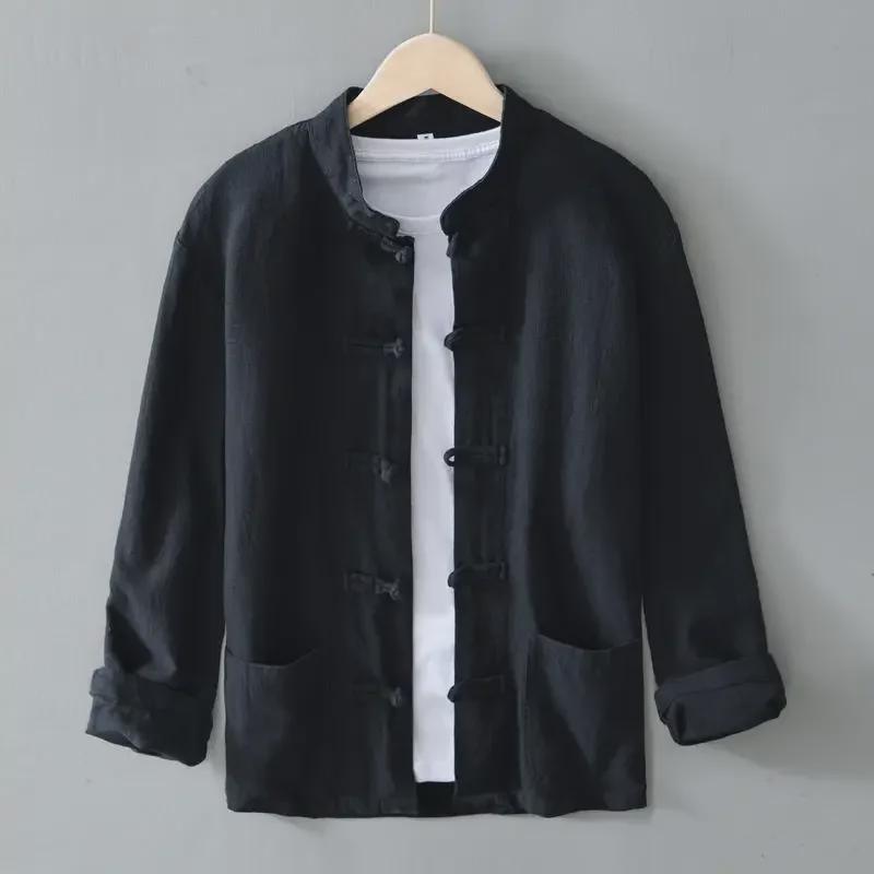 Men's Long-Sleeve Chinese Retro Ramie Shirt - Tang-Style Cotton Linen Jacket for Spring/Summer
