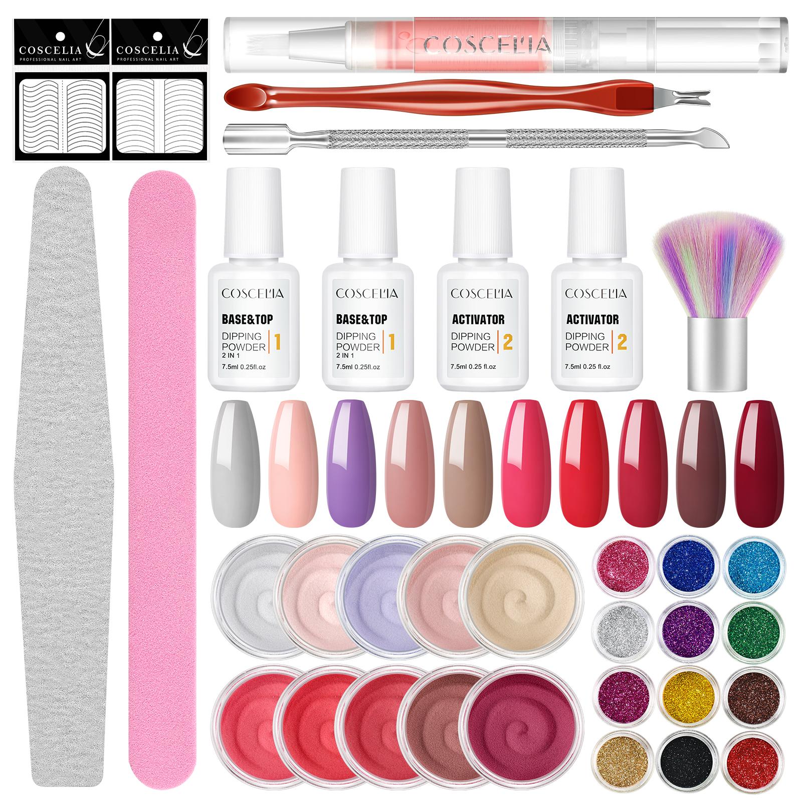 

COSCELIA 10 шт. набор пудры для дизайна ногтей, блестящая пудра для ногтей, активатор, базовое верхнее покрытие, натуральные сухие инструменты, маникюрный набор