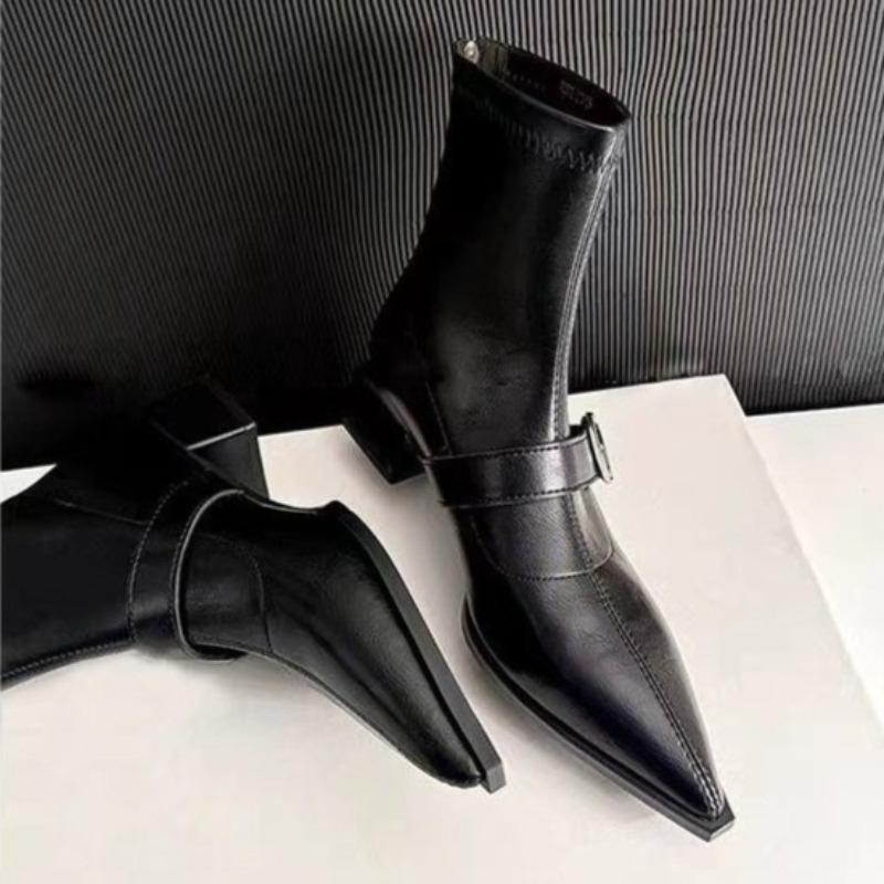 Fall New Pointed Toe Side Zipper Metal Buckle Soft Sole Anti-slip Wear-resistant Square Heel Booties