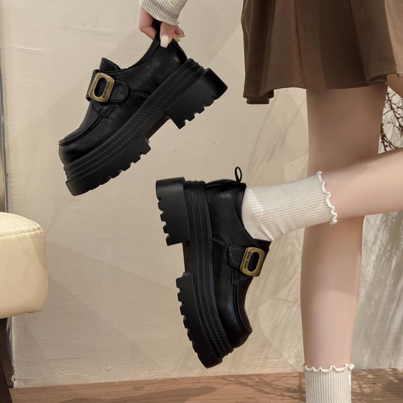 Platform Thick Heel British Style Small Leather Shoes Women's 2025 New French Retro Versatile Height-increasing Velcro Loafers