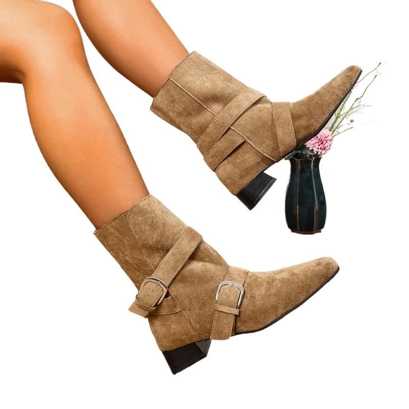 Cow Suede Square Heel Low Heel Modern Boots Slip-on Solid Women's Bags on Sale 2025 Fashion Buckle Novelty Women's Boots