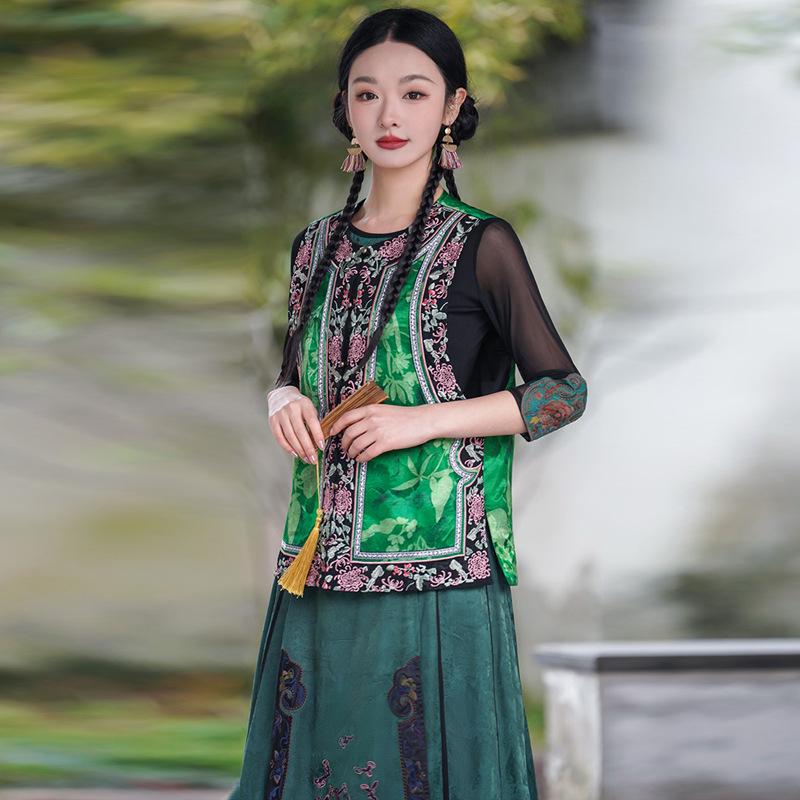 

Этнический женский ретро-жилет из вышитой парчи с застежкой-лягушкой XXL зелёный