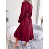 Women's Autumn-winter Style V-neck Lace Pinched Waist Long Dress