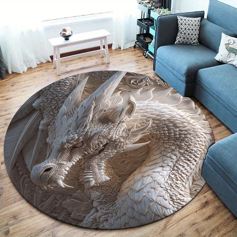 Stone Carving Leopard and Dragon Round Area Rug,Carpet Rug for Living Room Bedroom Sofa Playroom Decor,Non-slip Floor Mat