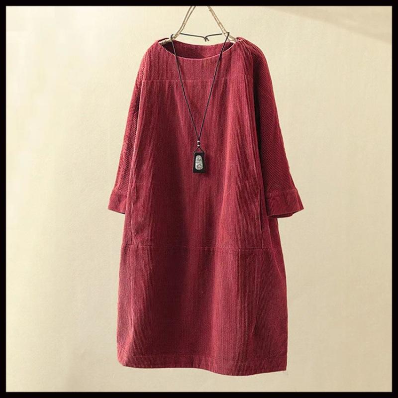 Women's Round Neck Long Sleeve Corduroy Midi Dress Loose A-Line Dress Vintage Retro Solid Color Casual Plus Size Shift Dress