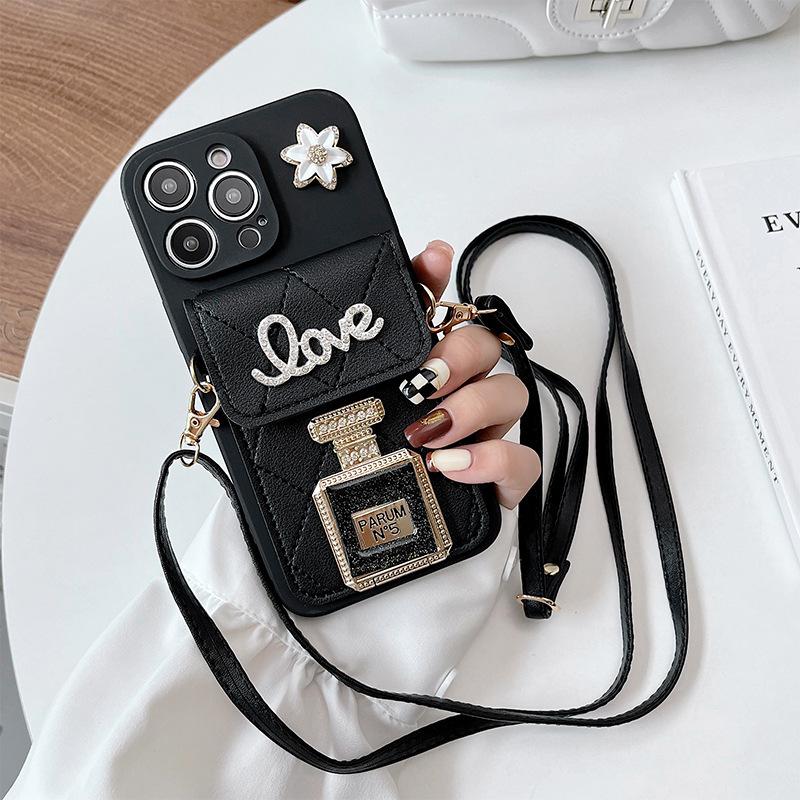 

Для iPhone16/15/14/13 Роскошный чехол для мобильного телефона-зеркальца в виде флакона духов со стразами, через плечо, нишевый, всесторонне защищающий For iPhone 7/8/SE 2020