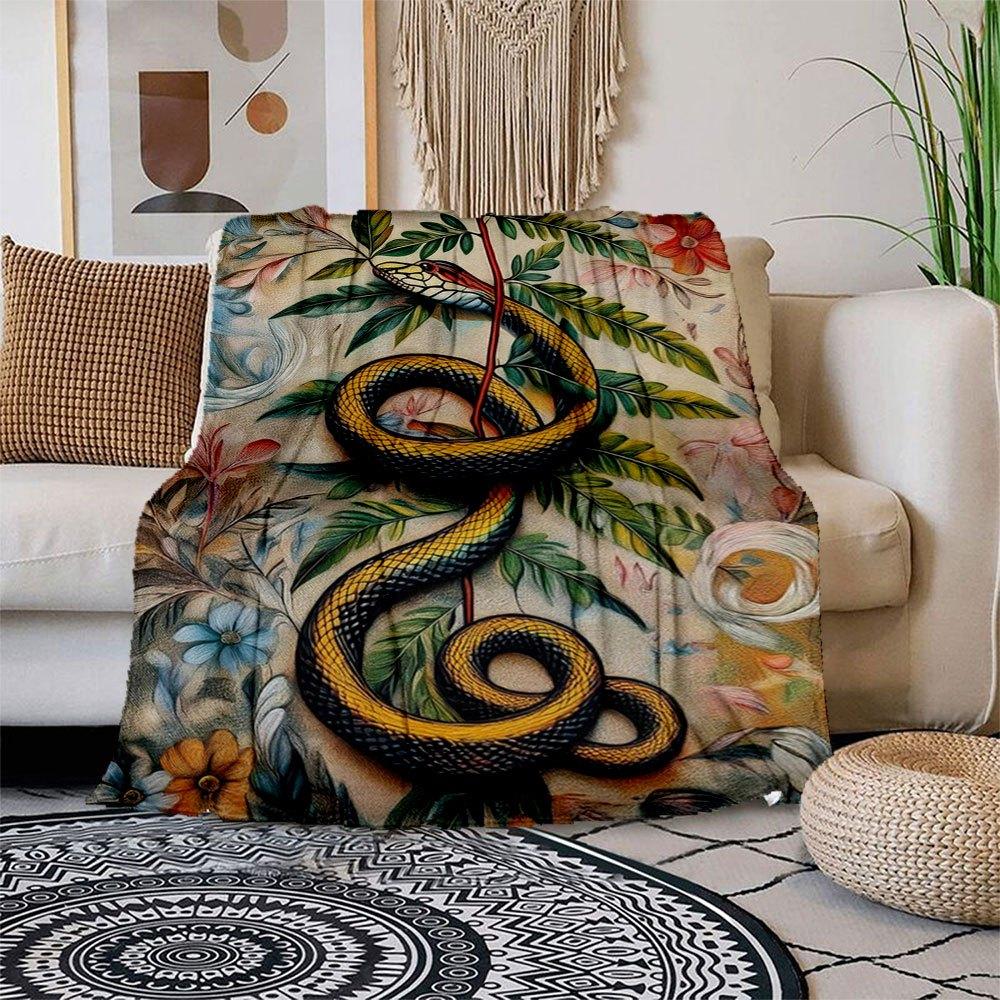 

Exotic Snake & Floral Wall Art Print Blanket Flannel Throw Blanket for Sofa, Bed, Travel, Camping, Office, Couch, Chair, And Bed Gift for C 150x180cm