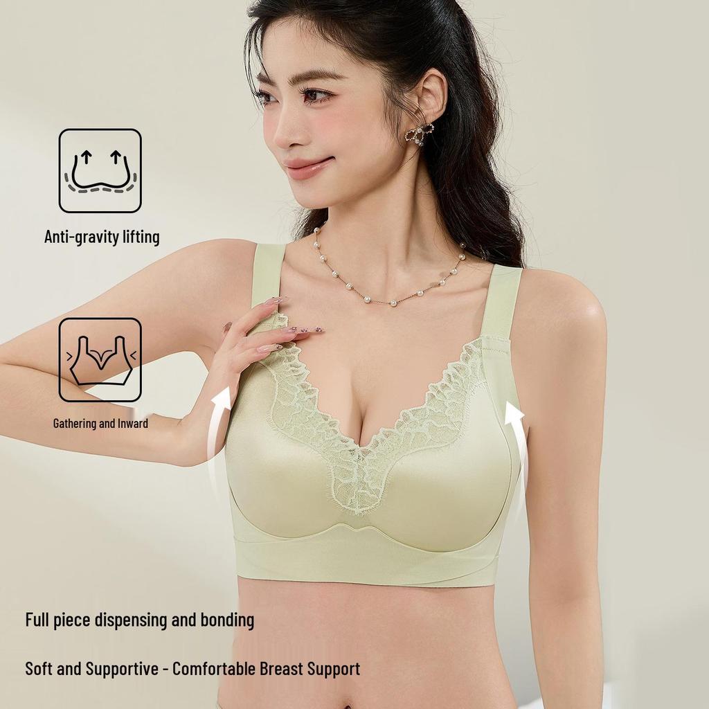Women's Lace Edge Seamless Satin Bra - Minimizes Large Busts, Push-Up, Summer Thin, No Underwire, Comfortable & Breathable.