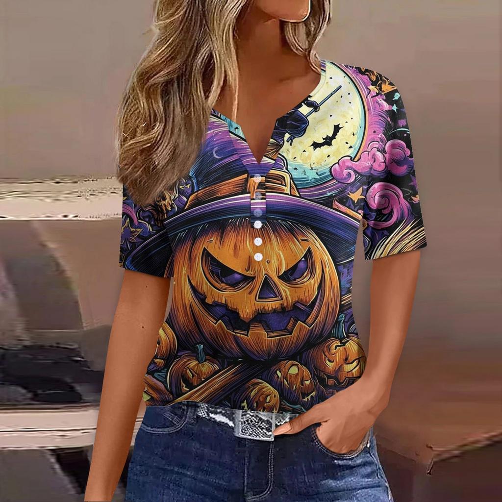 Women's T Shirt Tee Halloween Printed Button Short Sleeve Tunic Daily Weekend Fashion Basic V- Neck Regular Top