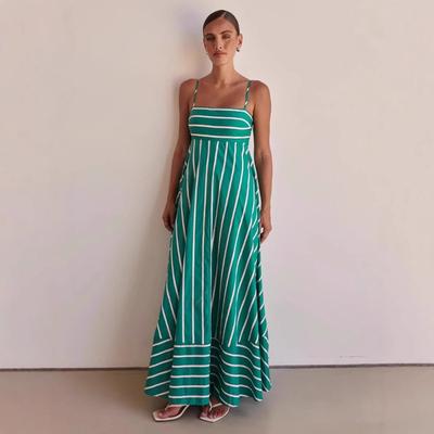 Kadın Modası Basit Çizgili Halter Halter Büyük Etek Taze Stil Elbise