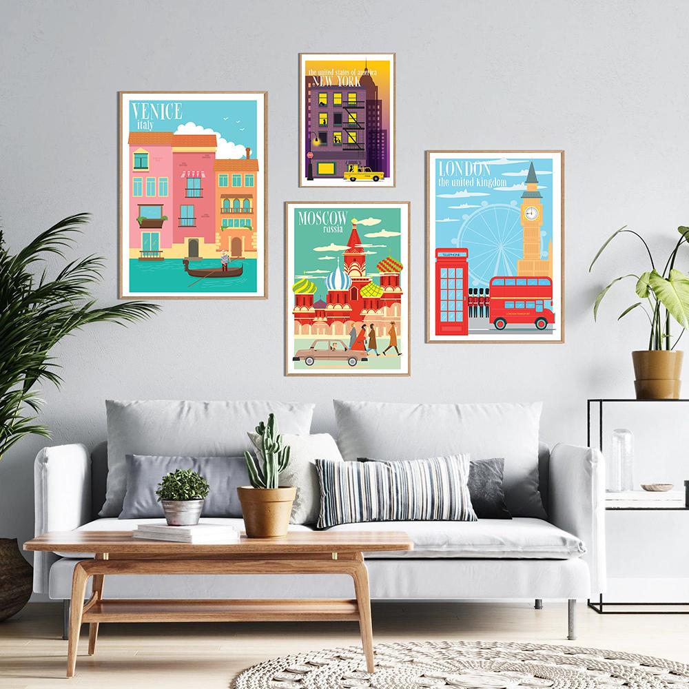 Slavné město Barevná krajina Cestovní plakát Nástěnný tisk New York Londýn Plátno Malba Kancelář Obývací Pokoj Ložnice Domácí Dekorace