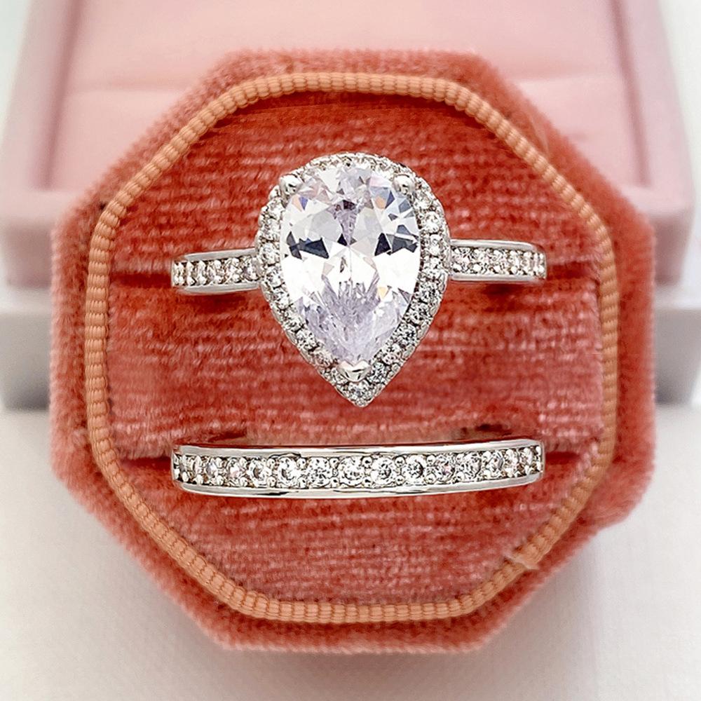 Copper-Plated Champagne Gold Set Ring, Women'S Pair Ring, Single-Row Micro-Inlaid With Water Droplets, Zircon Combination Ring Accessories.