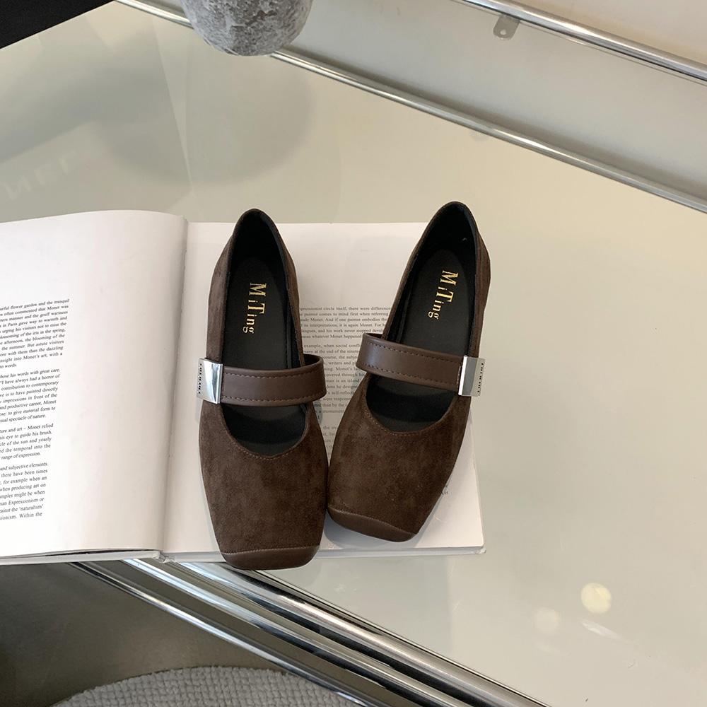 fashion Flock Women Loafers Square Toe 2024 New Arrivals Mary Janes Belt Buckle Flat Low Heeled Black Brown Green Autumn Spring Shoes