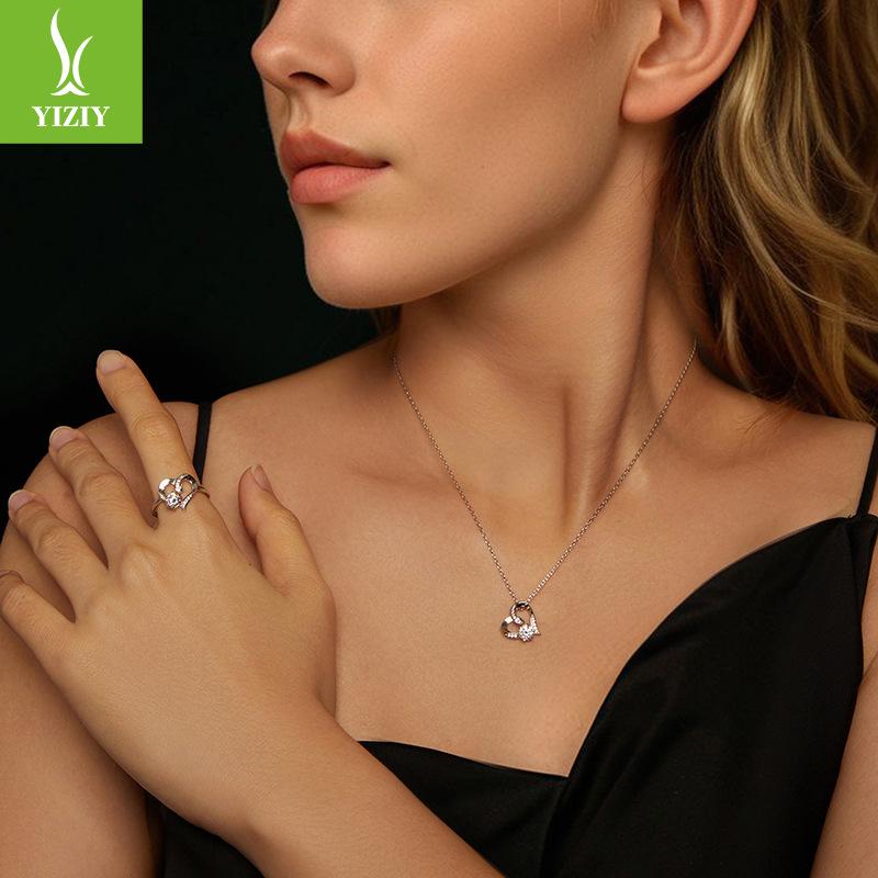 Ins Moissanite Non-Fading 925 Sterling Silver Ring Super Flash Heart-Shaped Mozzarella Jewelry Set