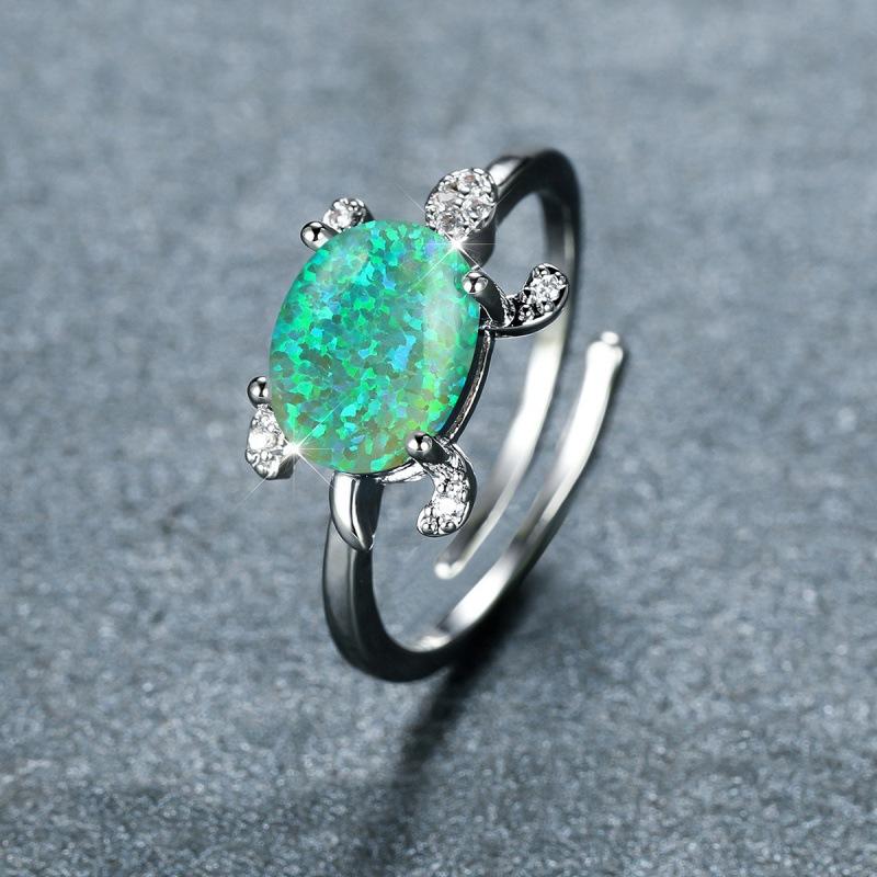 Wish personalized platinum oval blue-green-white Opal turtle opening versatile ring slightly inlaid with zircon