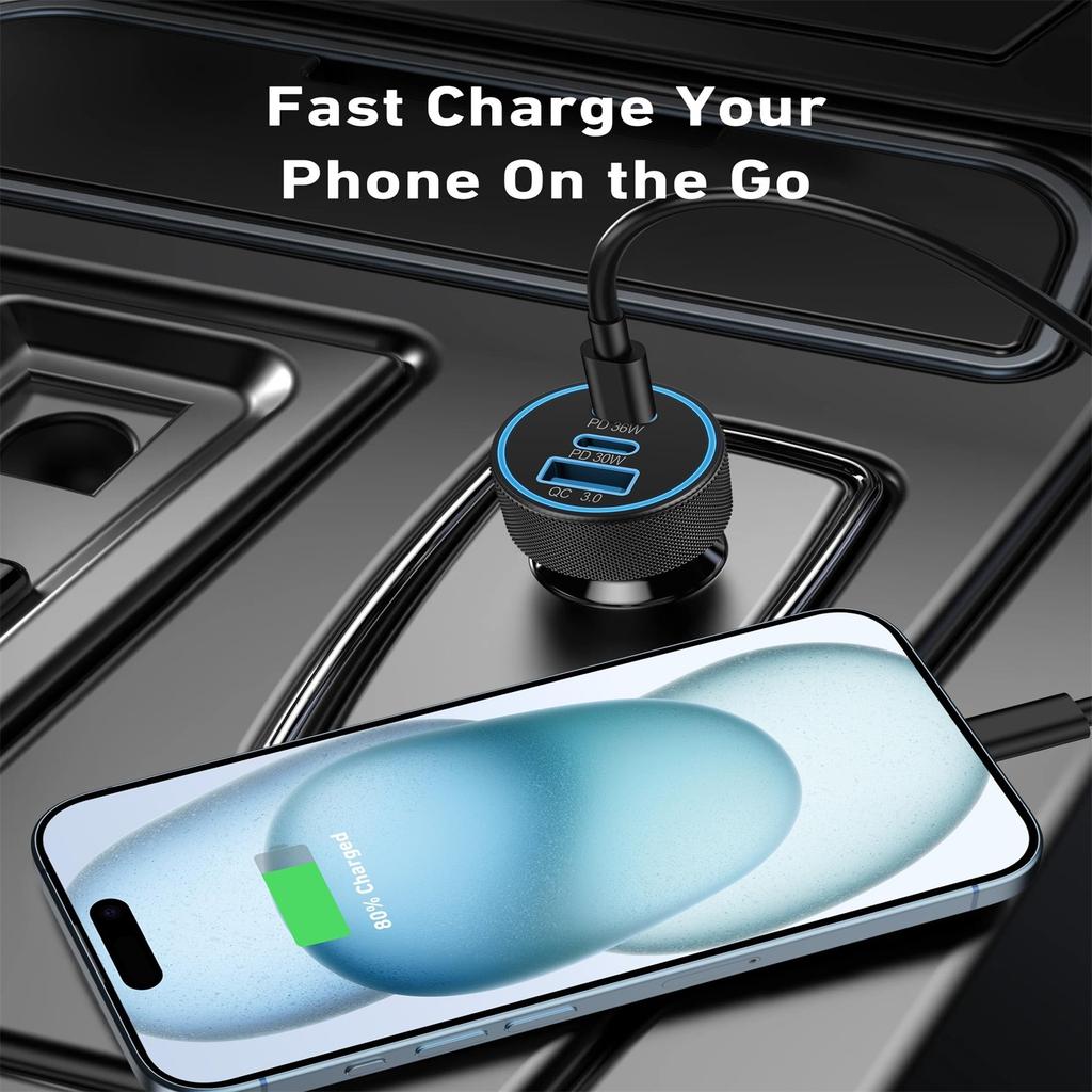 USB Car Charger, 3-Port 67W USB-C & USB-A Car Power Adapter PD/QC Fast Charging