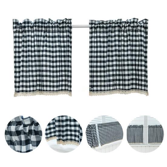 Kitchen Window Plaid Short Curtain Lace Valance Through Rod Drape Home Decor