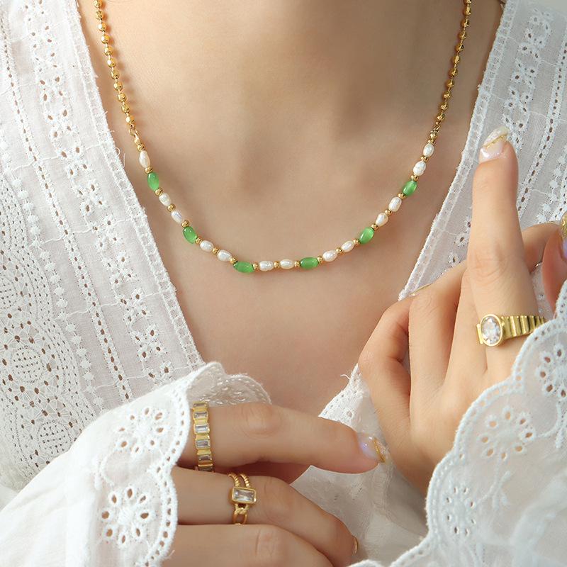 Trendy Thai Green Cat's Eye & Freshwater Pearl Beaded Necklace in Titanium Steel