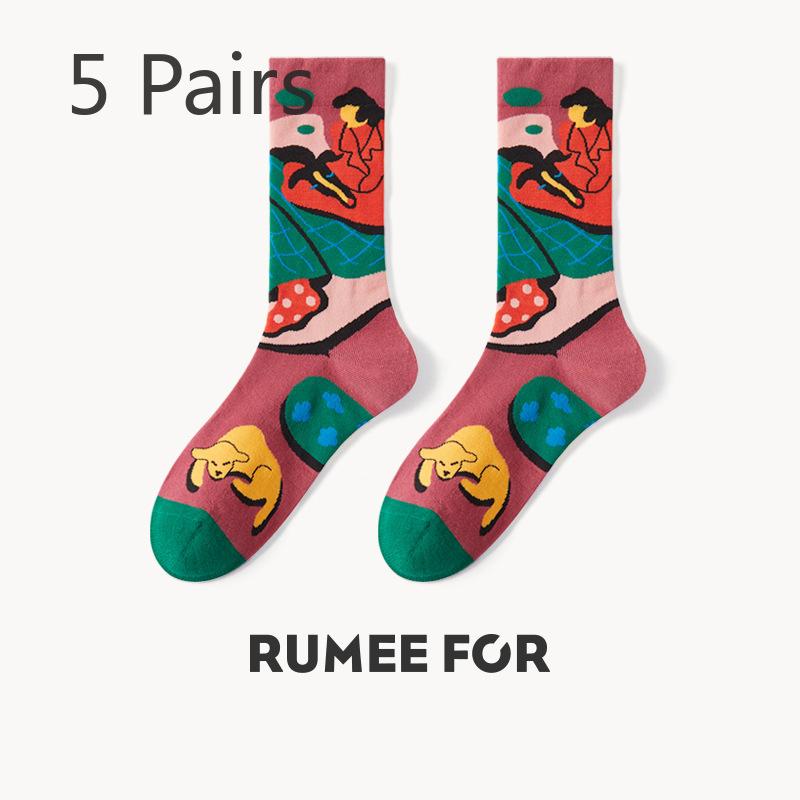 5 Pairs of Female Spring and Autumn Fashion New Sweat Absorbing Dopamine Tube Cotton Socks