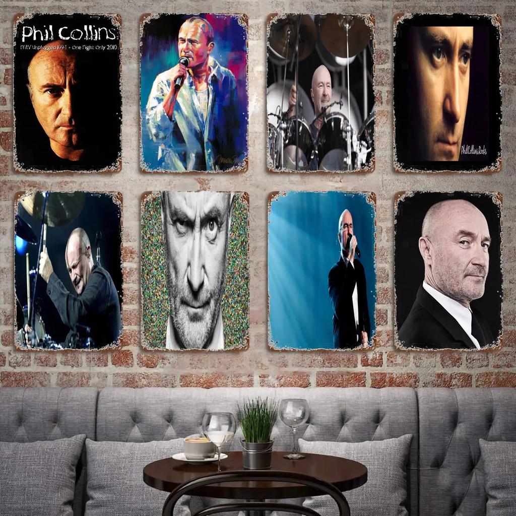 Perkusista Phil Collins metalowy Dekor Plakat Vintage Blaszany Znak Metalowy Znak Dekoracyjna Tabliczka do Pubu Baru Jaskini Mężczyzny Klubu Dekoracja Ścienna
