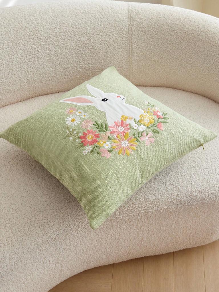 1Pc Easter Bunny Floral Wreath Pillow Covers - Polyester, 2D Double-Sided Printed, Green Pillow Cases For Sofa & Bedroom