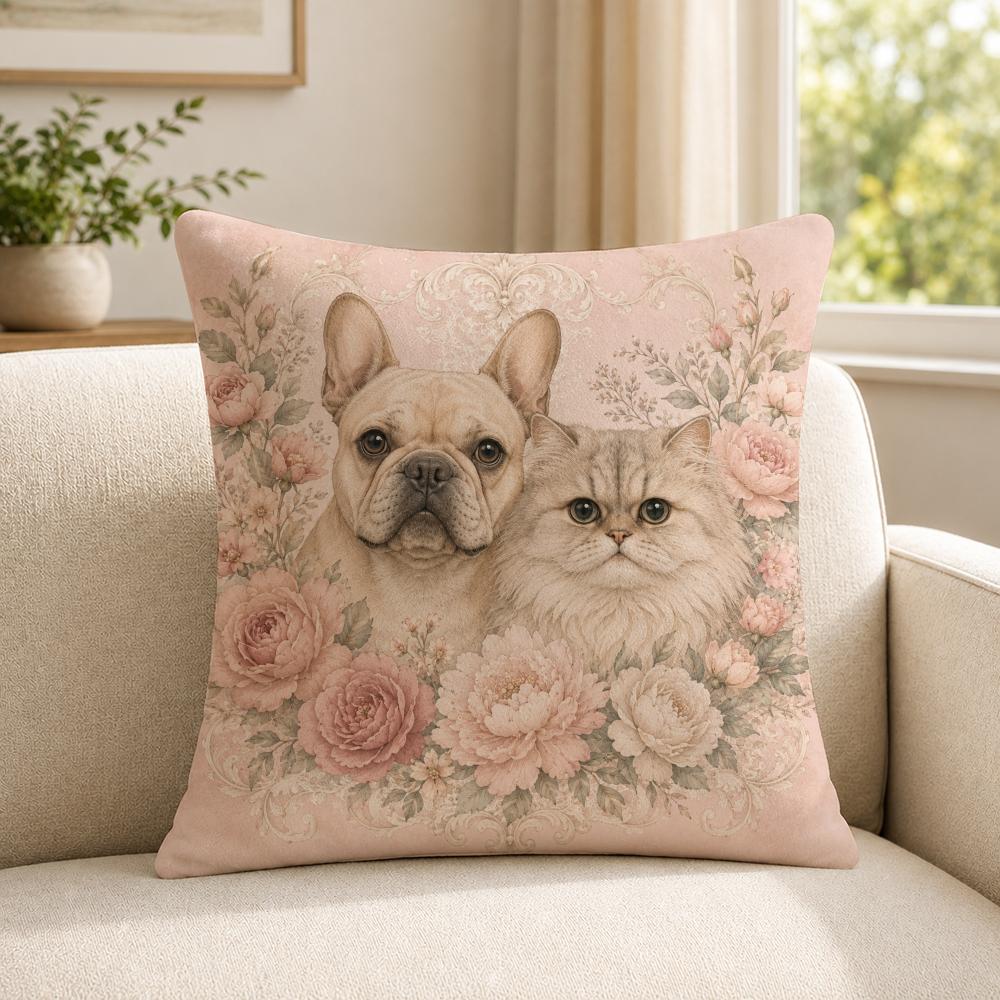 art heartwarming pet portraits surrounded by flowers Cushion Cover Soft Short Plush SkinFriendly Cushion Case MultiScene Use
