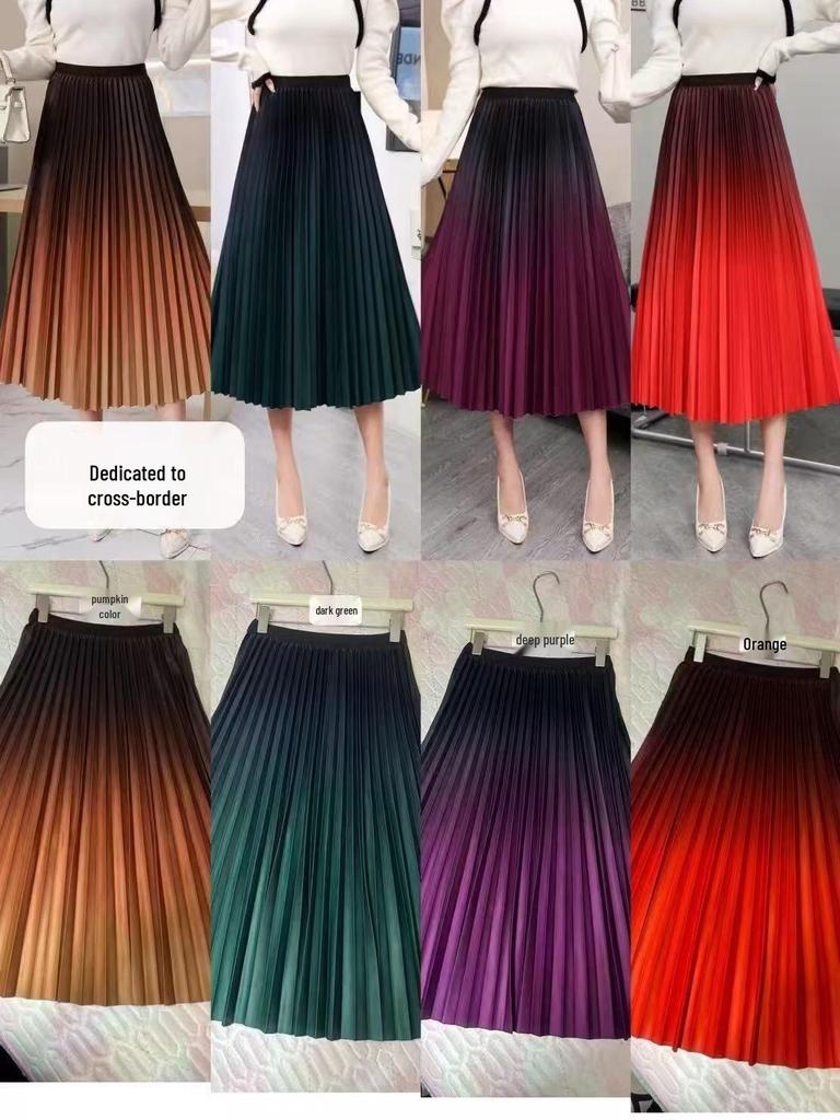 Women's Gradient Pleated Midi Skirt: Classic A-Line Slimming Design for Spring & Summer