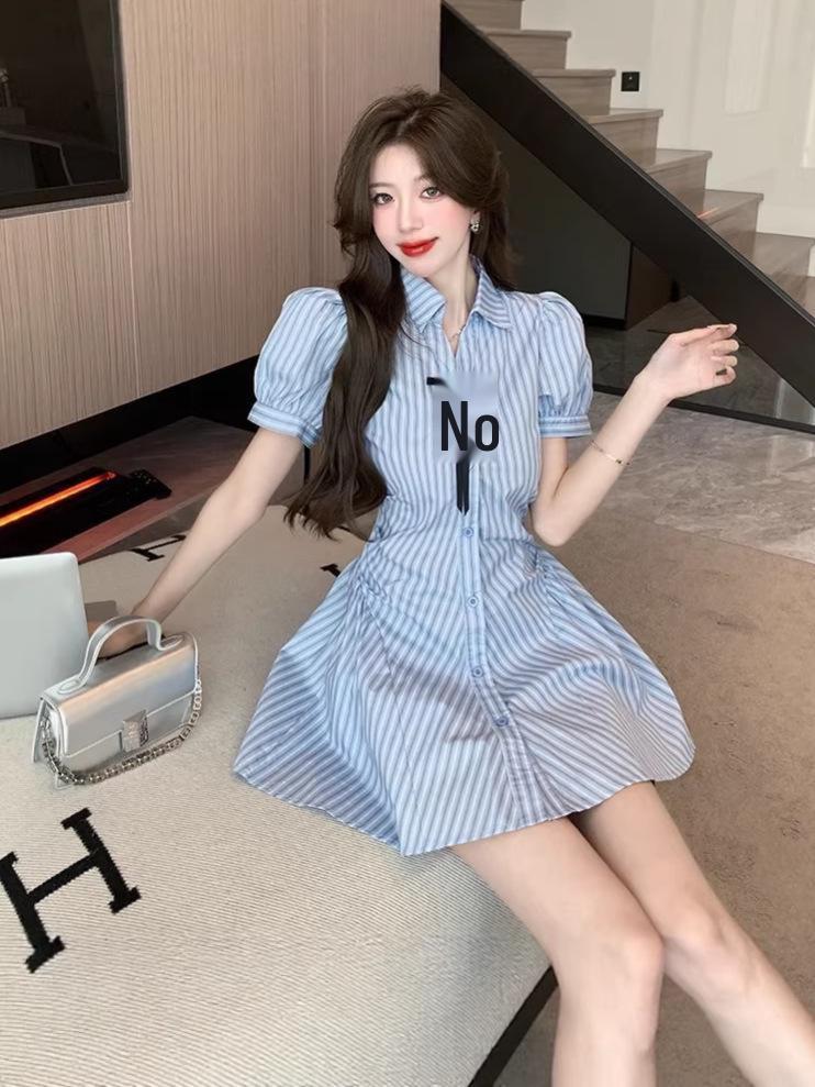 Women's College-Style Puff Sleeve Shirt Dress - Summer 2026 Petite Short Skirt Suit