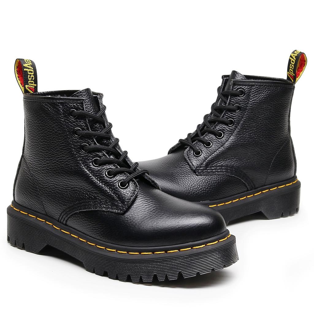 Lychee Pattern 101 Cargo Boots Women's 6-hole Top Layer Soft Cowhide Couple Boots Medium Platform Leather Motorcycle Boots Round Toe