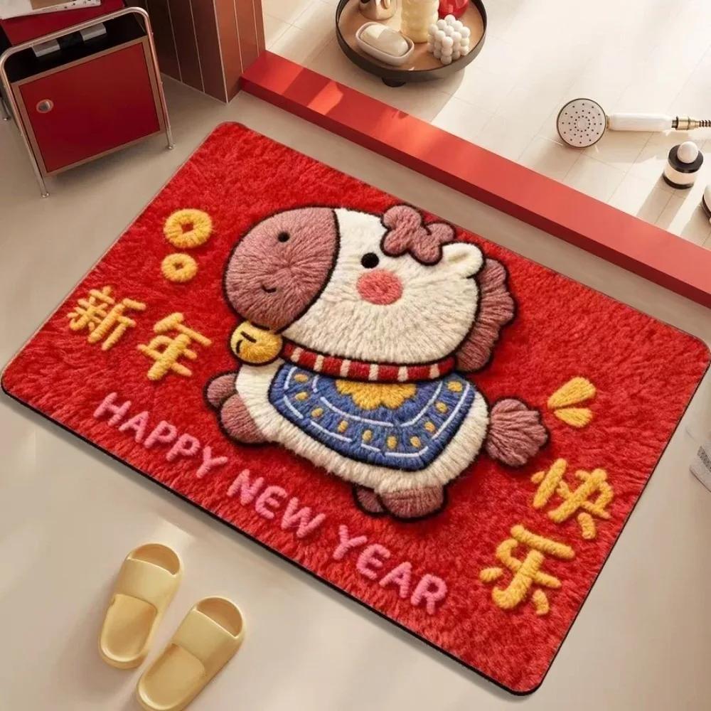 Weaving Texture Horse Floor Mat Blessing Words Cartoon 2026 New Year Anti Slip Mat Lucky Quick Dry Pony Door Mat Spring Festival