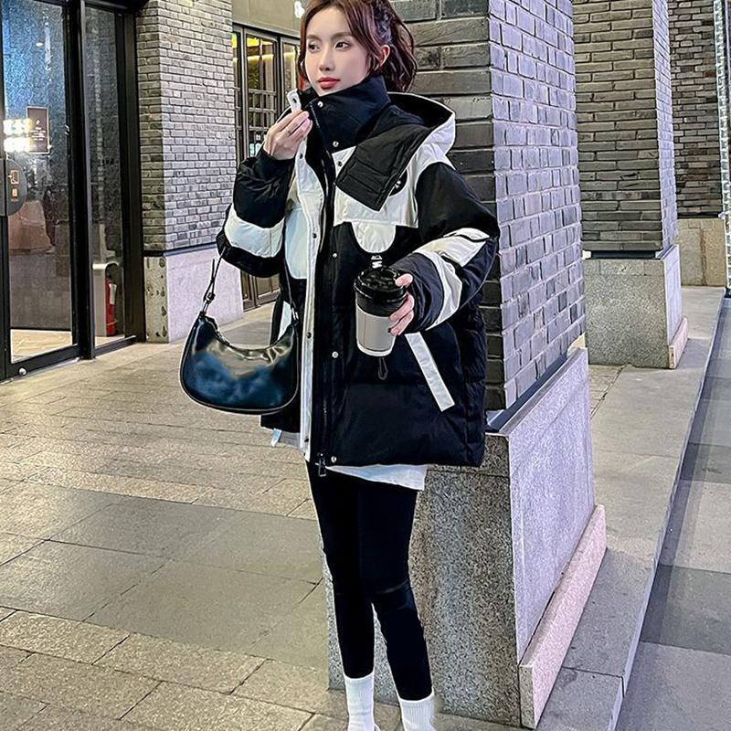 Winter Damen Daunenmantel All Match Parkas Jacke Damen Kapuze Splicing Puffer Oberbekleidung Schwarz Mittel Lang Jacken Damen Locker Warm