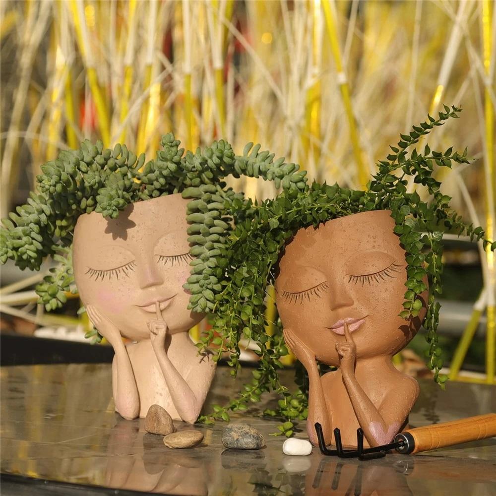 Gezicht Hoofd Planter Vetplant Bloempot Hars Container Met Afvoergaten Bloempot Figuur Tuindecoratie Tafelblad Ornament