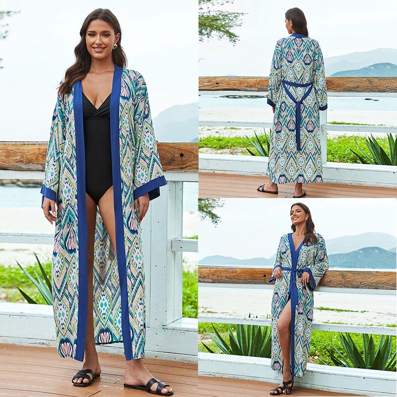 European-American Tie-Dye Beach Cover-Up: Rayon Mid-Length Sun Protection Cardigan for Women's Vacation Bikini Wear