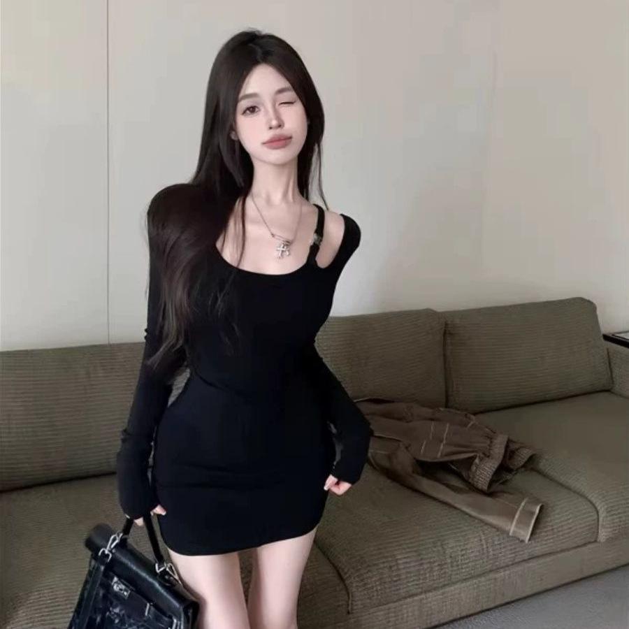 

One-shoulder gray dress women s autumn and winter pure desire hottie sexy hip-wrapped tight little mother short skirt base skirt XL чорний