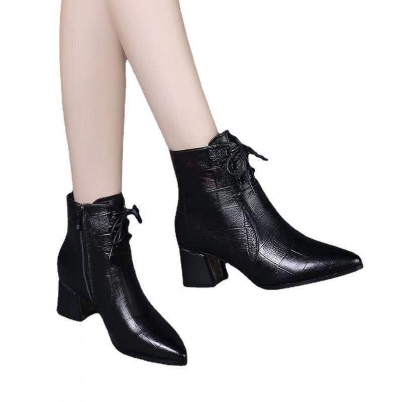 New Thick Heel Pointed Middle Heel Short Boots Winter Boots Single Boots Velvet Warm Boots Large Size