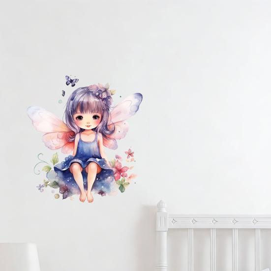 Butterfly Fairy Wall Sticker, Watercolor Purple Hair Fairy Removable Wall Decal for Girls Room, Self-Adhesive PVC Wall Art, Easy Install &