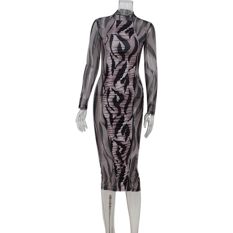 Women's Fashion Print Pleated Sexy Mesh See-through Long Sleeve Slim Dress