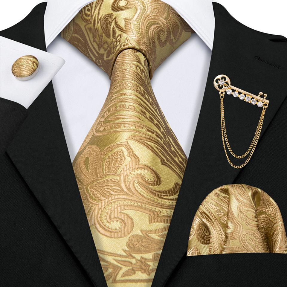 Barry.Wang Tie with Brooches for Men Paisley Flower Necktie Hanky Cufflinks Set Wedding Designer Formal