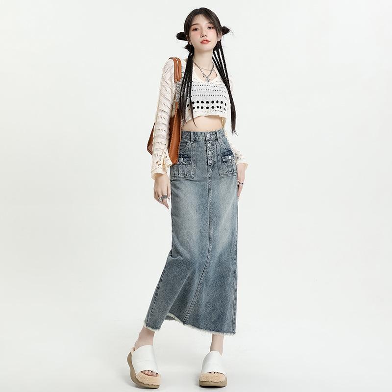 

2023 Spring Women s Retro Denim Frayed High Waist A-Line Midi Skirt Extra Large